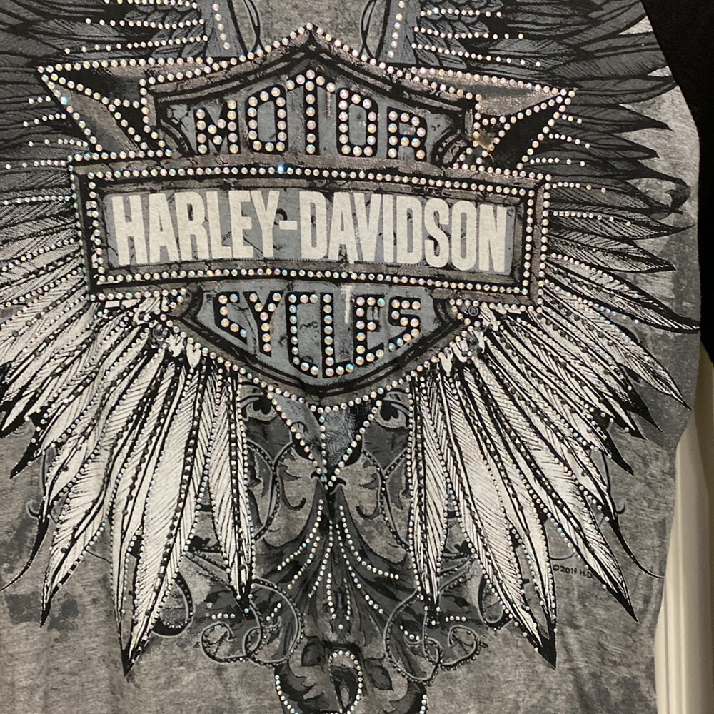 Harley Davidson Long Sleeve with Hood t-shirt with Rhinestones - Picture 2 of 9